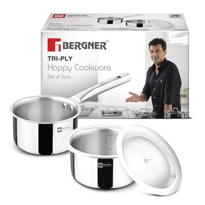 Image 1 of Default Title for the product BERGNER TriPro Triply 3 Pcs Stainless Steel Cookware Happy Set - Tope with Lid 16cm (1.5L) and Teapan 14cm (1L)