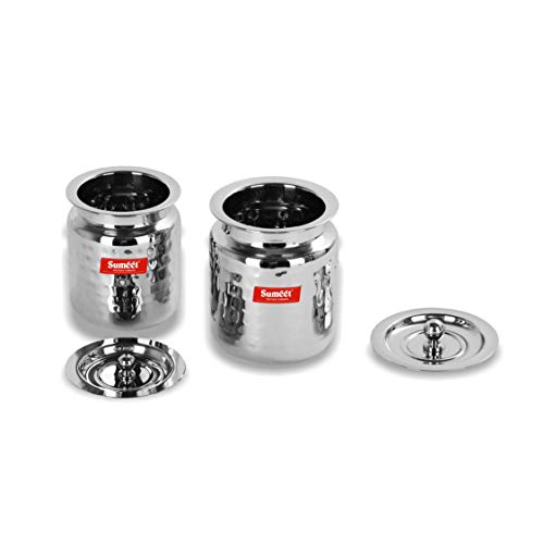 Image 6 of Sumeet Stainless Steel Handcrafted Hammered Texture 2 pc Oli cum Ghee Pot Set (Capacity -200ml, 300 ml)