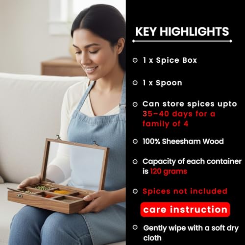 Image 4 of ExclusiveLane Masalas Blends Sheesham Wooden Spice Box with Spoon 6 Large Detachable Containers 120 gram Each