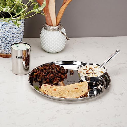 Image 3 of Sumeet Stainless Steel Heavy Gauge Mirror Finish Dinner Solid Set of 12 Pcs (3 Plate, 3 Bowl/Wati, 3 Glass, 3 Spoon), Silver