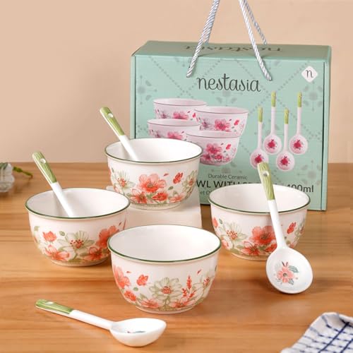 Image 1 of Default Title for the product Nestasia Ceramic Soup Bowl with Spoon Set of 4 (400ml Each)