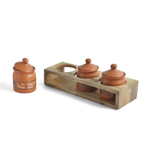 Image 2 of ExclusiveLane Warli Village Tales Handcrafted Ceramic Pickle Jar Set of 3 with Wooden Tray 250 ML