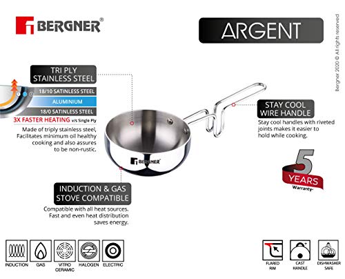Image 3 of BERGNER Argent Triply Tadka Pan, 500ml Capacity
