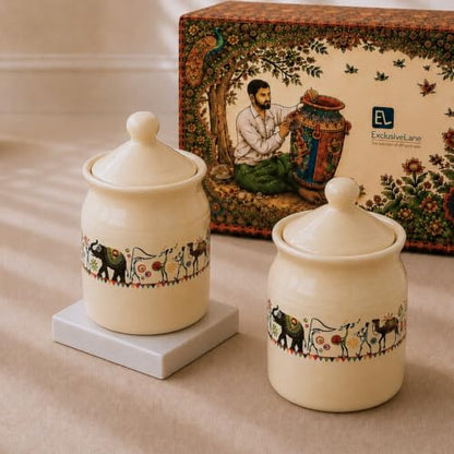 Image 1 of Default Title for the product ExclusiveLane Elephant Motif Ceramic Pickle Jars with Lid Set of 2 540 ml