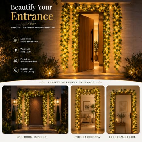 Image 5 of Divyakosh Artificial Money Plant Creepers (Pack of 4) with Warm White LED Lights (Pre-Assembled), Artificial Plants for Home Decor, Living Room, Hanging Plants, Fake Plants, Green Leaf Decoration