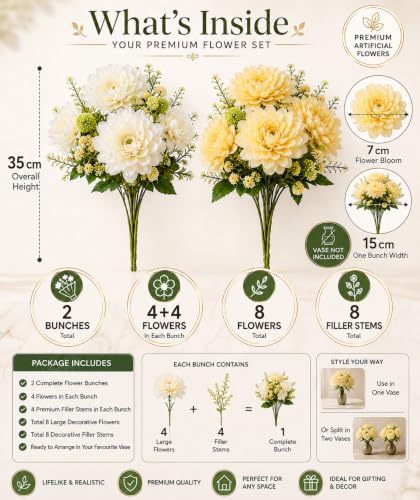 Image 2 of Divyakosh Artificial Flower Bunch Set of 2 (Vase Not Included) | White + Peach | 8 Large Flowers, 8 Filler Stems | 35 cm Decorative Artificial Flowers for Home, Living Room & Table Decor