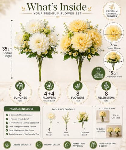 Image 2 of Divyakosh Artificial Flower Bunch Set of 2 (Vase Not Included) | White + Peach | 8 Large Flowers, 8 Filler Stems | 35 cm Decorative Artificial Flowers for Home, Living Room & Table Decor