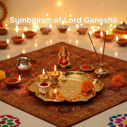 Image 2 of ALCU Pooja Thali for Diwali & Navratri Lotus Design Embose Decorative Puja Plate Golden