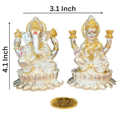 Image 4 of Gold Art India Kamal Laxmi Ganesh Silver Matte Idol for Home Decor with Gold Plated Coin (4.1" Inch)
