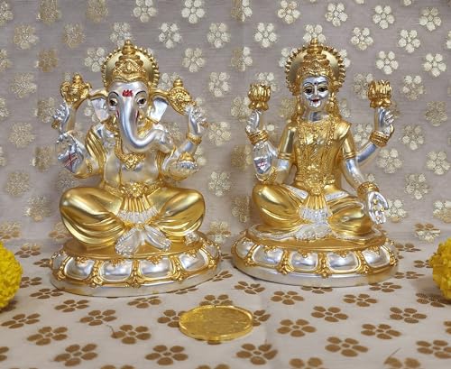 Image 5 of Gold Art India Round Laxmi Ganesh Gold & Silver Plated Two Tone Matte Idol (5" Inch)