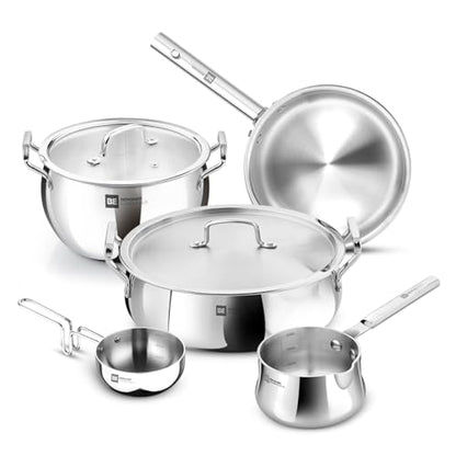 Image 1 of Default Title for the product BERGNER BE Essentials TriPro Tri-Ply 7 Pcs Cookware Set of Rice Handi 24cm (5.5 L) with Lid, Biryani Handi 28cm (6.4 L) with Lid, Sautepan 22cm (2 L), Coffee Warmer 12cm (800ml), Tadkapan 10cm (300ml)