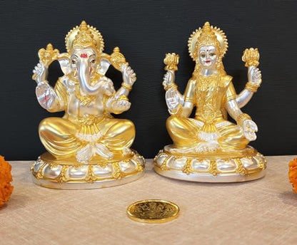 Image 1 of Default Title for the product Gold Art India Round Laxmi Ganesh Gold & Silver Plated Two Tone Matte Idol (5" Inch)