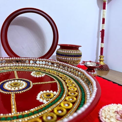 Image 6 of RIA Studio Karva Chauth Pooja Thali Set - Kundan Decorated Stainless Steel 6-Pieces (12 Inch)