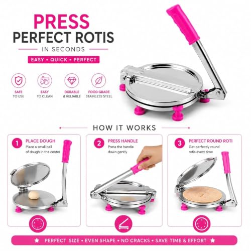 Image 3 of Heavy Duty Stainless Steel Roti Press & Puri Maker 8 Inch | Manual Chapati Press with Smooth Pressing Plate | Dough Press Machine for Roti, Puri, Papad, Tortilla, Khakhra & Flatbread | Kitchen Tool