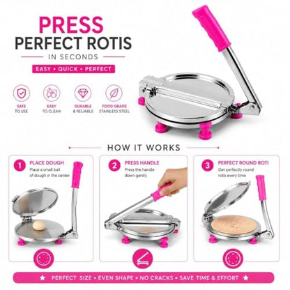 Image 3 of Heavy Duty Stainless Steel Roti Press & Puri Maker 8 Inch | Manual Chapati Press with Smooth Pressing Plate | Dough Press Machine for Roti, Puri, Papad, Tortilla, Khakhra & Flatbread | Kitchen Tool