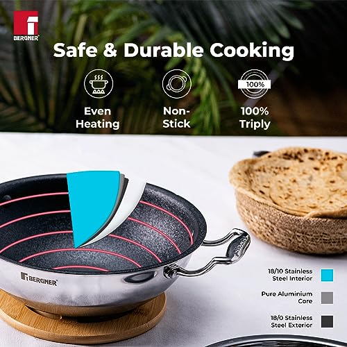 Image 5 of BERGNER Hitech-Peek Triply Stainless Steel Kadai with Steel Lid, 20 cm, Non Stick Performance Coating