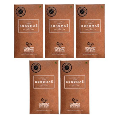 Image 1 of Default Title for the product KOKOMAE 60% Dark Chocolate With Hazelnut Bean-to-Bar Pack of 5, 50g Each
