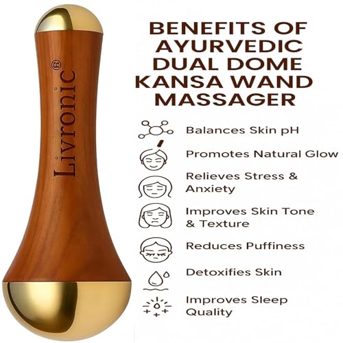Image 3 of Livronic Face Acupoint Kansa Wand Massager with Teak Wood Handle for Detoxification and Deep Relaxation Natural Kansa 2 in 1 Bronze