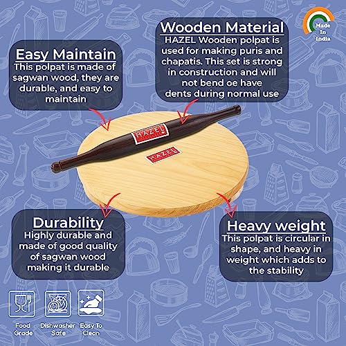Image 4 of HAZEL Wood Polpat Chakla Roti Chapati Maker 21 cm with Sheesham Roti Roller Belan Rolling Pin 34 cm