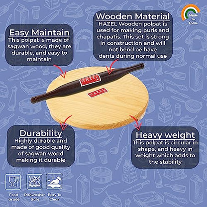 Image 4 of HAZEL Wood Polpat Chakla Roti Chapati Maker 21 cm with Sheesham Roti Roller Belan Rolling Pin 34 cm