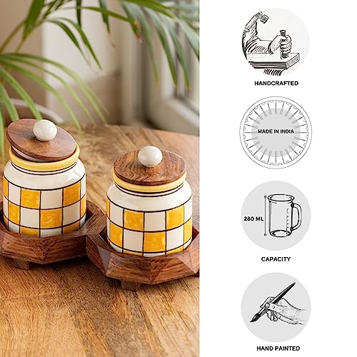 Image 5 of ExclusiveLane Shatranj Checkered Ceramic Containers with Lid & Tray Set of 2 440 ML