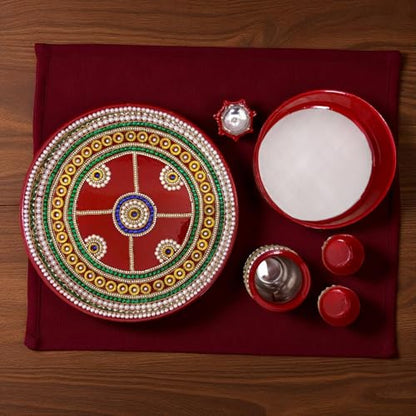 Image 4 of RIA Studio Karva Chauth Pooja Thali Set - Kundan Decorated Stainless Steel 6-Pieces (12 Inch)