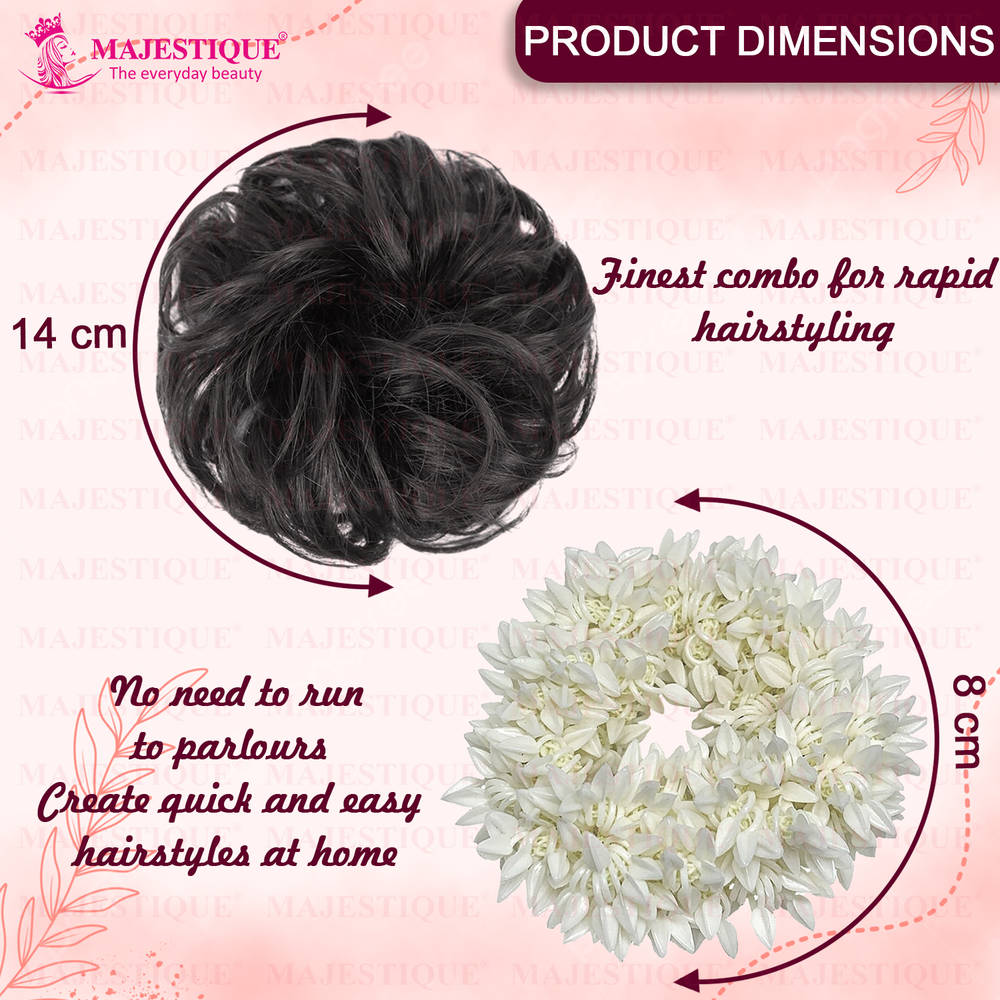 Image 2 of Majestique White Mogra Artificial Flower Gajra & Funky Messy Bun Scrunchies Combo