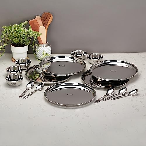 Image 7 of Sumeet Stainless Steel Heavy Gauge Mirror Finish Dinner Solid Set of 15 Pcs (5 Plate, 5 Bowl/Wati, 5 Spoon), Silver