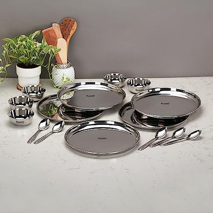 Image 7 of Sumeet Stainless Steel Heavy Gauge Mirror Finish Dinner Solid Set of 15 Pcs (5 Plate, 5 Bowl/Wati, 5 Spoon), Silver
