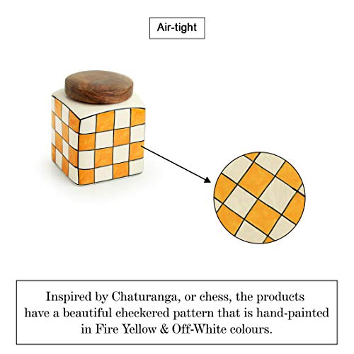 Image 4 of ExclusiveLane Shatranj Check Handpainted Multipurpose Storage Ceramic Jar with Wooden Lid 240 ML