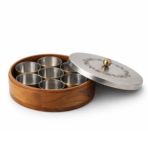 Image 2 of Flower Silver for the product nestroots Wooden Masala Box with Stainless Steel Jars