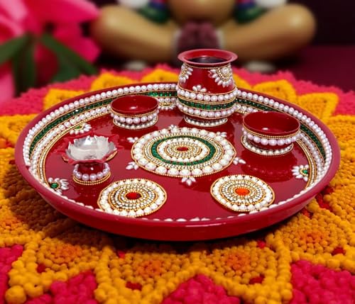 Image 6 of Royal Indian Art Kundan Decor Stainless Steel Pooja Thali Set, 12 Inches