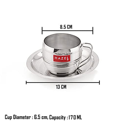 Image 6 of HAZEL Stainless Steel Cup & Saucer Set of 6 | 170 ml Unbreakable Tea/Coffee Cups & Saucers | Stainless Steel Mugs & Saucer Set