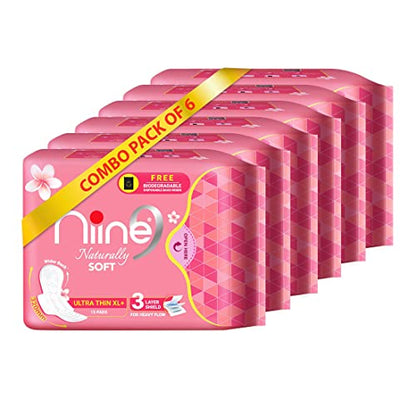 Image 4 of 90 Count (Pack of 6) for the product Niine Naturally Soft Ultra Thin XL+ Sanitary Napkins for Heavy Flow (Pack of 2) 30 Pads with Free Biodegradable Disposal Bags