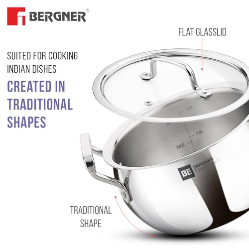 Image 3 of BERGNER BE Essentials TriPro Tri-Ply 7 Pcs Cookware Set of Rice Handi 24cm (5.5 L) with Lid, Biryani Handi 28cm (6.4 L) with Lid, Sautepan 22cm (2 L), Coffee Warmer 12cm (800ml), Tadkapan 10cm (300ml)