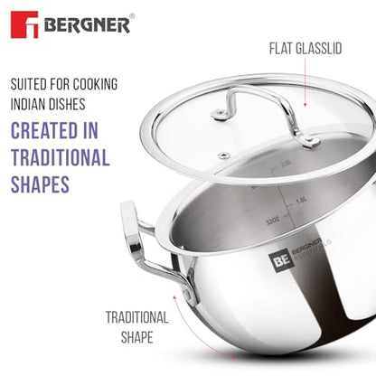 Image 3 of BERGNER BE Essentials TriPro Tri-Ply 7 Pcs Cookware Set of Rice Handi 24cm (5.5 L) with Lid, Biryani Handi 28cm (6.4 L) with Lid, Sautepan 22cm (2 L), Coffee Warmer 12cm (800ml), Tadkapan 10cm (300ml)