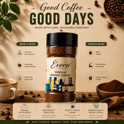 Image 3 of EVORA Greens 100gm Instant Coffee Powder | Vanilla Flavour | Coffee with Arabica & Robusta Blend - Medium Roast | Make 50 Cups