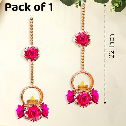 Image 4 of Divyakosh Hanging Pink Rose Flower with Brass Diya/Tealight Holder with LED T- Light, Set of 2, Size 22 Inch - Diwali Decoration, Latkan Tealight Holder, Candle Light Holder, Wall Decoration
