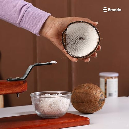 Image 6 of Bmado Traditional Polished Wooden Table-Top Manual Coconut Scraper â€“ Chirava Grater Thengai Thuruvi with Stainless Steel Blade, Comfortable to Use (Weight-1350 Gram)