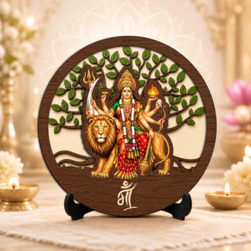 Image 2 of Sherawali MATA Wooden Idol with Stand for Home Temple, Puja Room, Office Desk & Indoor Mandir Decor - 5x5 Inch