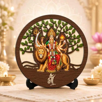 Image 2 of Sherawali MATA Wooden Idol with Stand for Home Temple, Puja Room, Office Desk & Indoor Mandir Decor - 5x5 Inch