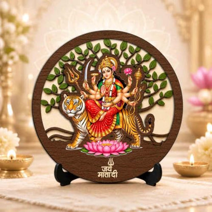 Image 2 of Durga Maa Table Top Wooden Idol/Murti for Mandir Decoration, Office Desk & Festive Gift - 5x5 Inch