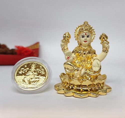 Image 1 of Default Title for the product Gold Art India Kamal Laxmi Gold Plated Off White Idol for Home Decor With Coin 2.8" Inch
