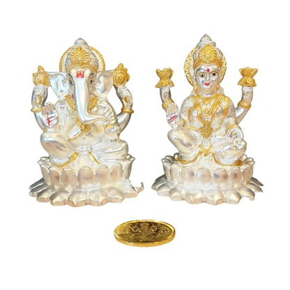 Image 3 of Gold Art India Kamal Laxmi Ganesh Silver Matte Idol for Home Decor with Gold Plated Coin (4.1" Inch)