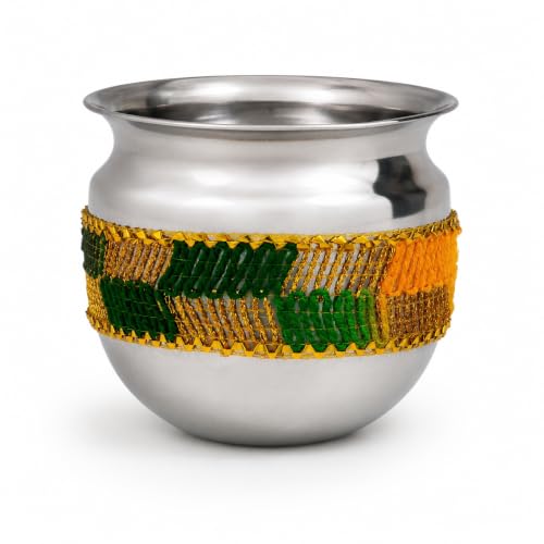 Image 3 of Pure Source India Traditional Banarasi Floral Brocade Design Karwa Chauth Pooja Thali Set with Channi, Karwa Lota