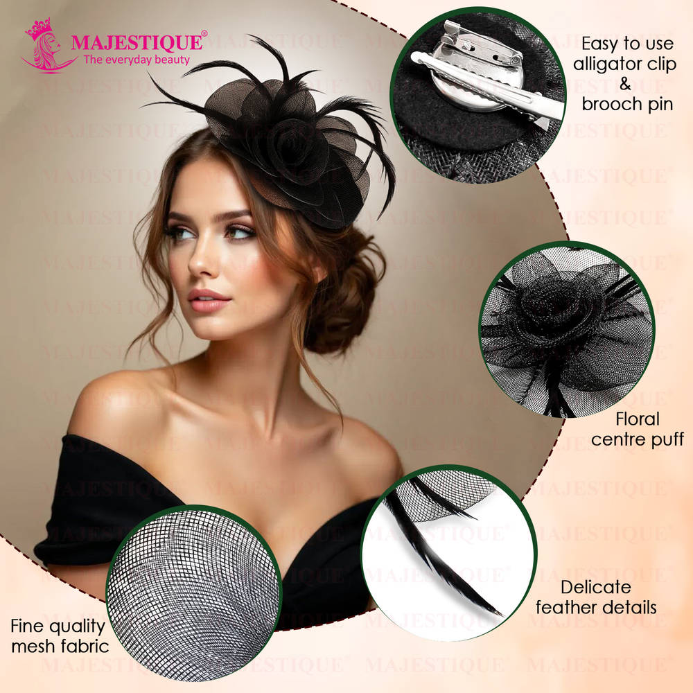 Image 3 of Majestique Elegant Fascinator Hat With Mesh Veil And Feather - Black