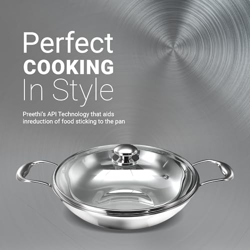 Image 5 of Preethi Metallica Collection Triply Stainless Steel Kadai with Glass Lid, 28 cm, Gas & Induction Compatible, Metal Spatula Friendly