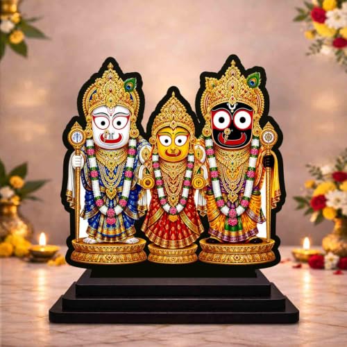 Image 1 of Default Title for the product Jagannath Balabhadra Subhadra Wooden MDF Printed Idol with Stand, 4 x 5 Inch, Pooja Room Decor, Home Temple Mandir Decoration, Religious Gift