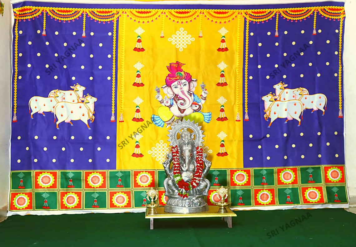 Image 2 of Sri Yagnaa M 30 – Ganesh & Gomatha Blue-Yellow Backdrop Cloth, 8 x 5 Ft
