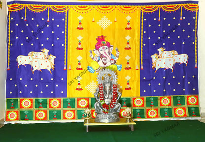 Image 2 of Sri Yagnaa M 30 – Ganesh & Gomatha Blue-Yellow Backdrop Cloth, 8 x 5 Ft